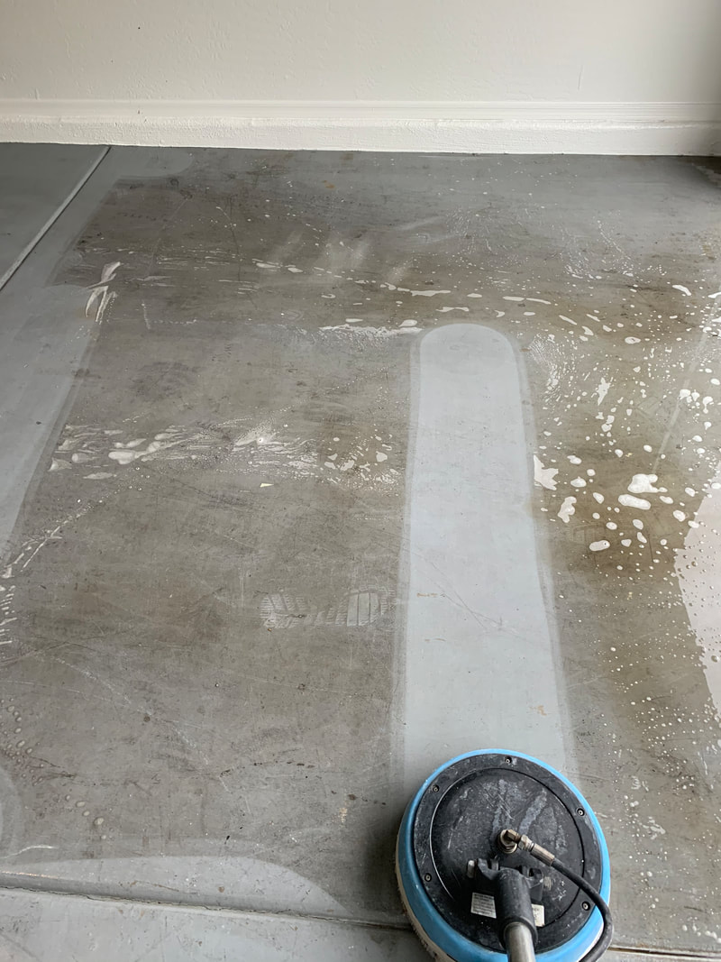 Surprise Carpet Cleaning Co. tile floor scrubber mid-clean, before-and-after visible